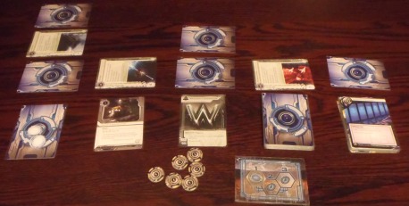 The Corporation's play area, full of face-up and face-down cards. Ice (horizontal cards) protects everything - even the draw and discard piles.