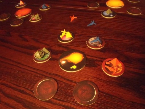 A section of the "board", which is actually disconnected systems of stars and planets, with ships sitting in "hyperspace" between them.