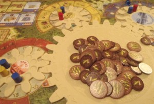 A close-up of a few gears. The large center one is used to turn everything in unison. (And it looks cool.)